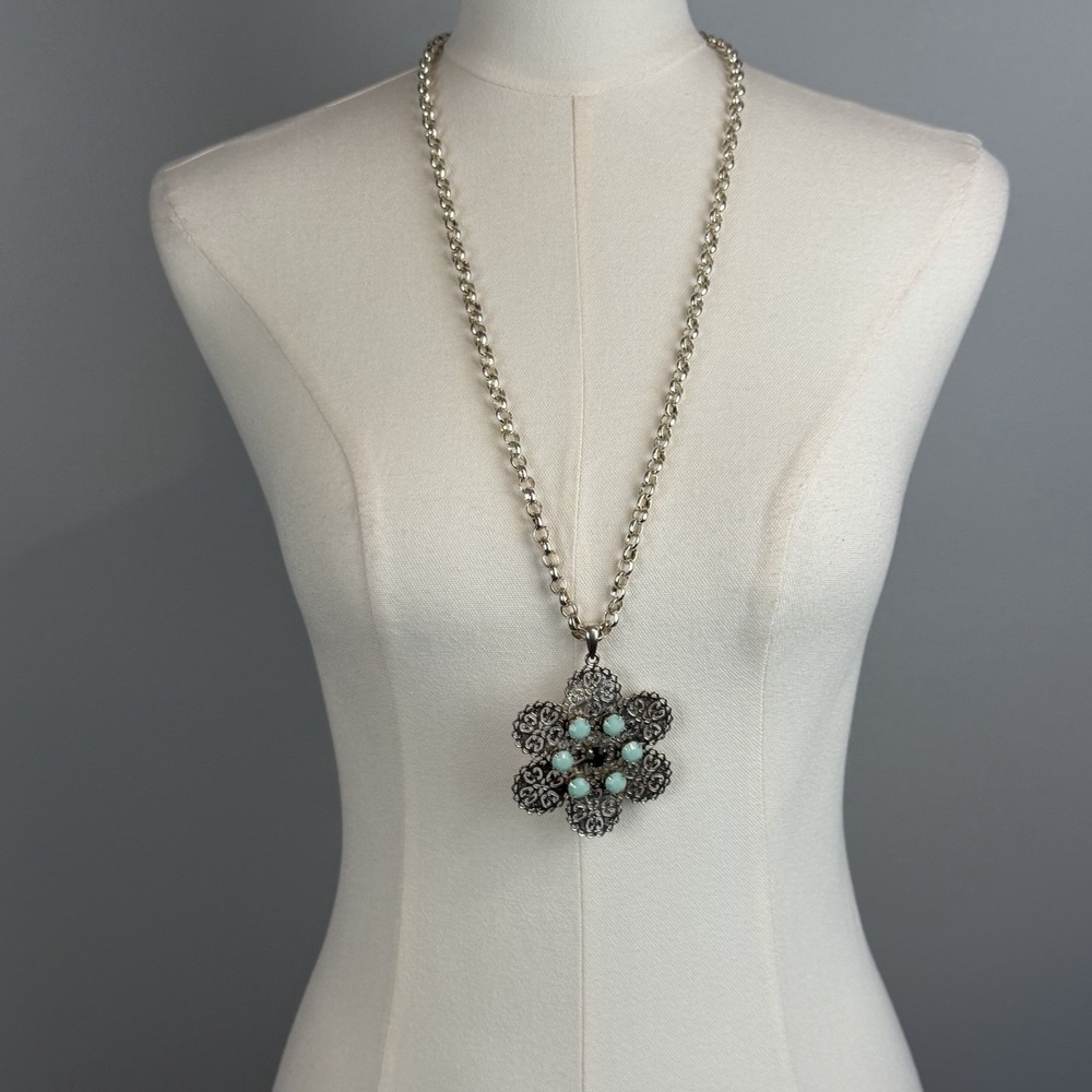 Gabriela Pires Brazil Long Filigree Flower Pendant Necklace Aqua Silver Tone